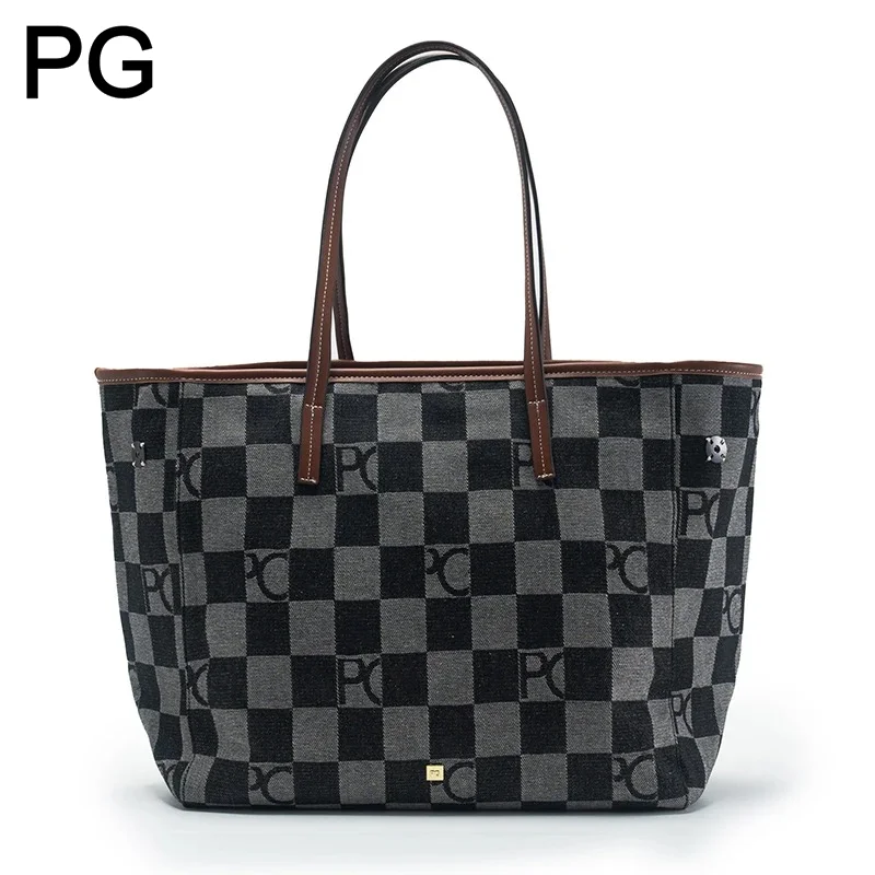 Tote Bag Leather Monogram - Tas Tote Monogram Kotak-kotak PG Wanita